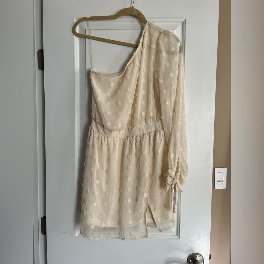 BaeVely Cream One Shoulder Swiss Dot Mini Dress